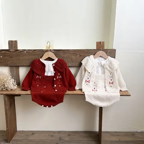 Baby Girls Knit Cardigan Romper Set Long Sleeve Floral Embroidery Cotton Princess Outfits Toddler Spring Autumn Clothes