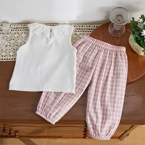Bambina Piccola Neonato Estate Orsetto Cartone Animato Colletto Pizzo Top Senza Maniche E Pantaloni A Quadri Vestito Casual