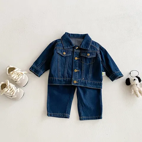 Bambini Giacca in Denim Morbido E Pantaloni Set Manica Lunga Colletto con Risvolto Cappotto Monopetto Pantaloni Lunghi Abito Casual per Bambini