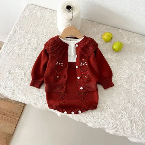Baby Girls Knit Cardigan Romper Set Long Sleeve Floral Embroidery Cotton Princess Outfits Toddler Spring Autumn Clothes