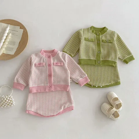 Infant Baby Girls Fall Outfit Set Long Sleeve Cardigan Jacket And Suspenders Pants Knit Plaid Korean Style Toddler Clothes