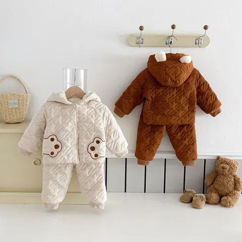Baby Winter Thickened Cotton Padded Jacket And Pants Set Infant Cute Bear Hooded Fleece Warm Top And Bottom Outfits