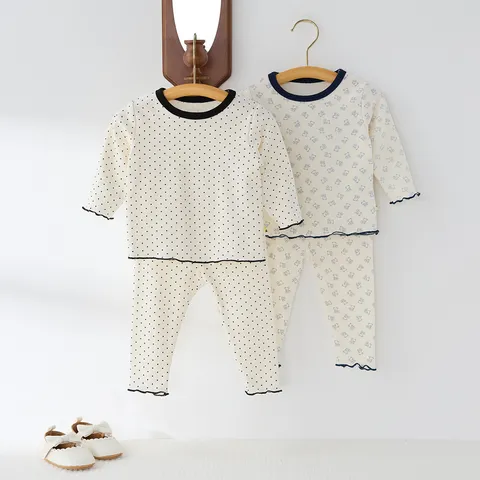 Neonato Bambino Cotone Manica Lunga Top E Pantaloni Lunghi Set Bambini Casual Girocollo Pois Orso Stampato Abito Da Casa