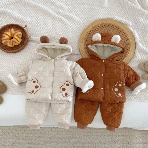 Baby Winter Thickened Cotton Padded Jacket And Pants Set Infant Cute Bear Hooded Fleece Warm Top And Bottom Outfits