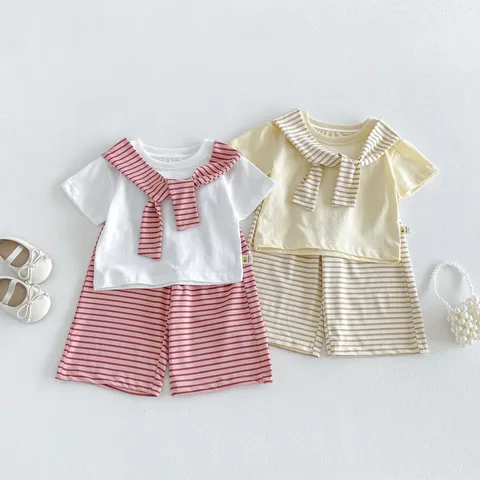 Toddler Baby Girls Summer Outfit Set Short Sleeve T-Shirt Striped Wide-Leg Pants Cotton Casual Kids Two-Piece Set