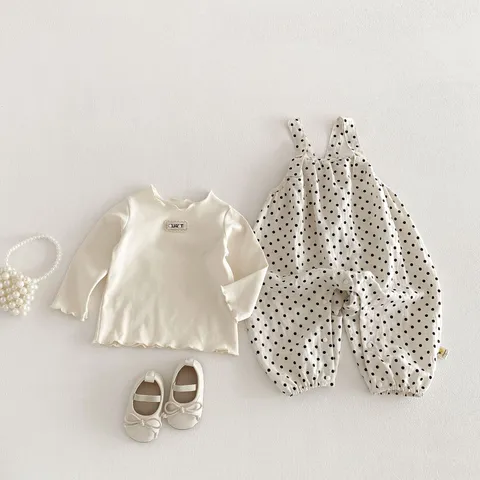 Baby Girls Cotton Polka Dot Overalls And Long Sleeve Tops Korean Style Cute Infant Toddler Clothing Set