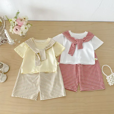 Toddler Baby Girls Summer Outfit Set Short Sleeve T-Shirt Striped Wide-Leg Pants Cotton Casual Kids Two-Piece Set