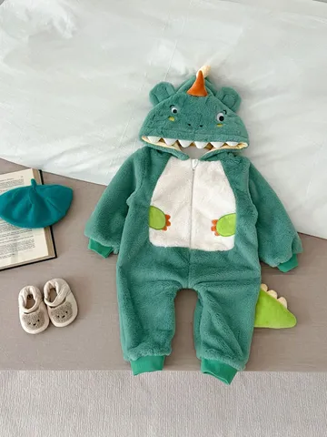 Neonato Inverno Ispessito Pile Con Cappuccio Dinosauro Tuta Carino Cartoon Manica Lunga Caldo Tuta Neonato Capospalla