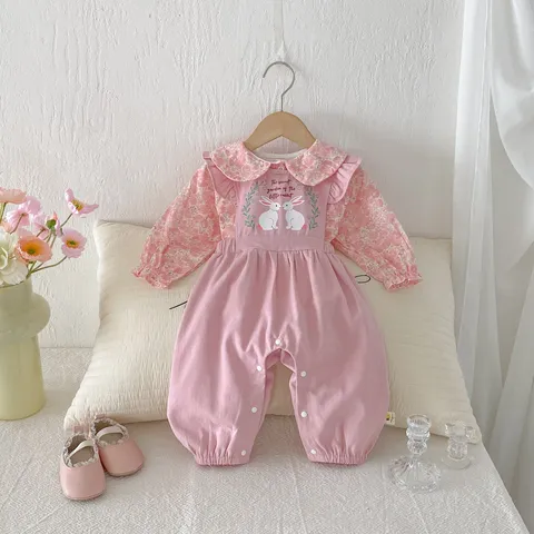 Säugling Baby Mädchen Herbst Jumpsuit Latzhose Und Blumenhemd Set Süßes Kaninchen Druck Langarm Baumwolle Strampler Kleinkind Outfit