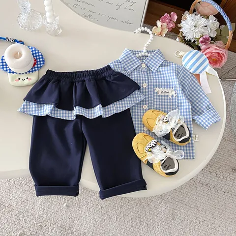 Toddler Girls Clothing Set Long Sleeve Plaid Shirt And Ruffle Pants Matching Outfit Cotton Casual Fall Kids Apparel