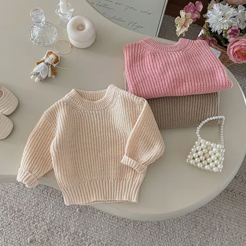 Neonato Bambino Tinta Unita Girocollo Manica Lunga Maglione in Maglia Stile Coreano Top in Cotone Casual