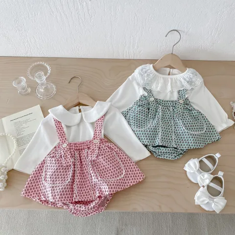 Bebé Niña Otoño Blusa de Manga Larga Y Conjunto de Vestido Enterito con Tirantes Florales Algodón