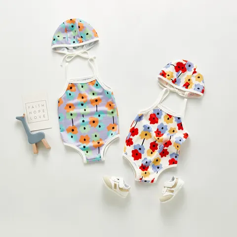Baby Girls Floral Print One-Piece Swimsuit With Sun Hat Summer Beach Vacation Bathing Suit