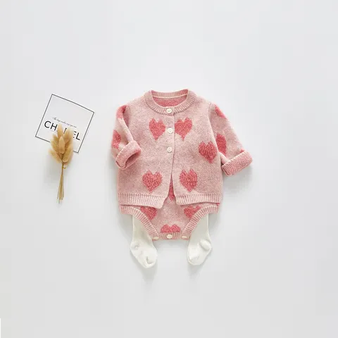 Infant Baby Knit Cardigan Jacket And Romper Overalls Cute Heart Pattern Newborn Infant Clothing