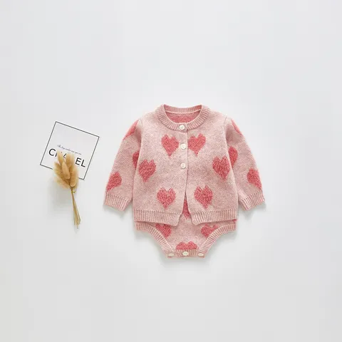 Infant Baby Knit Cardigan Jacket And Romper Overalls Cute Heart Pattern Newborn Infant Clothing