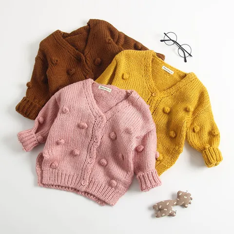 Baby Meisjes Gebreid Vest Jas Peuter Handgemaakte Pompon V-Hals Enkelgesloten Trui Top Winter Kinderkleding