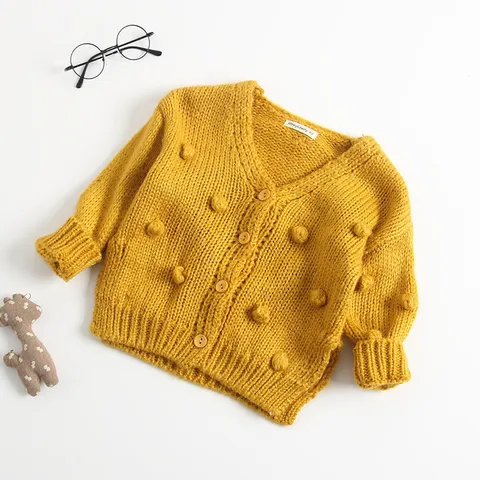 Baby Meisjes Gebreid Vest Jas Peuter Handgemaakte Pompon V-Hals Enkelgesloten Trui Top Winter Kinderkleding