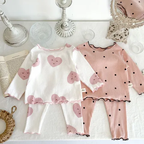 Infant Baby Girls Long Sleeve Ribbed Cotton Sleepwear Set Lettuce Trim Cute Heart Polka Dot Toddler Pajamas