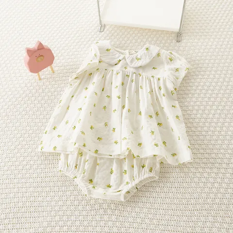 Bebé Niñas Verano Retro Flores Pequeñas Manga Corta Camisa Y Shorts Top Y Parte Inferior Algodón Conjunto Infantil Lindo Traje