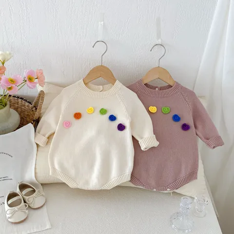 Nourrisson Bébé Filles Tricot Grenouillère Douce Mignon Manches Longues Col Rond Couleur Unie Fleurs Colorées Pulls Bodysuit Tenue Automne Hiver