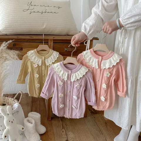 Infant Baby Girls Knit Romper Cute Ruffle Collar Hand Crocheted Flowers Long Sleeve Bodysuit Autumn Winter Baby Clothes