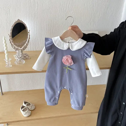 Bebé Niña Otoño Mameluco Manga Larga Cuello Muñeca Romper Color Sólido Lindo Niño Algodón Ropa De Una Pieza