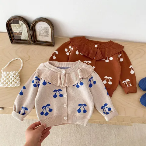 Baby Girls Cotton Knit Cardigan Cute Cherry Print Lapel Single-breasted Long Sleeve Spring Fall Outerwear