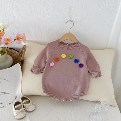 Nourrisson Bébé Filles Tricot Grenouillère Douce Mignon Manches Longues Col Rond Couleur Unie Fleurs Colorées Pulls Bodysuit Tenue Automne Hiver