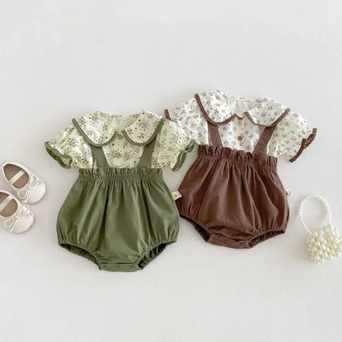 Infant Baby Girls Summer Clothing Set Floral Doll Collar Short Sleeve Top And Overall Shorts Toddler Outfit