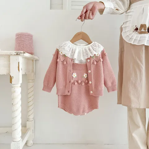 Baby Girl Knitted Cardigan Romper Set Newborn Handmade Floral Two-Piece Set Infant Toddler Autumn Winter Clothing