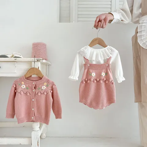 Baby Girl Knitted Cardigan Romper Set Newborn Handmade Floral Two-Piece Set Infant Toddler Autumn Winter Clothing