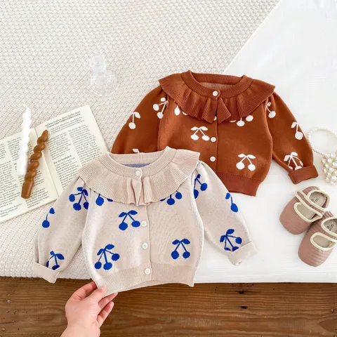 Baby Girls Cotton Knit Cardigan Cute Cherry Print Lapel Single-breasted Long Sleeve Spring Fall Outerwear