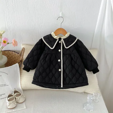 Toddler Girls Winter Cotton Padded Jacket Korean Style Quilted Single Breasted Outerwear Infant Cute Lapel Warm Coat