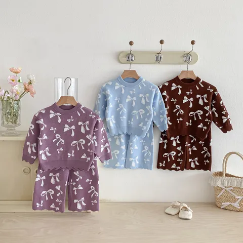 Girls Knit Sweater Set Long Sleeve Bowknot Jacquard Top And Pants Toddler Cute Casual Spring Autumn Outfit