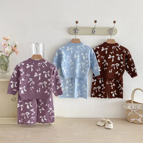 Girls Knit Sweater Set Long Sleeve Bowknot Jacquard Top And Pants Toddler Cute Casual Spring Autumn Outfit