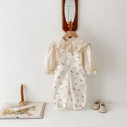 Neonata Cotone Twill Salopette E Camicia A Manica Lunga Set Carino Stampa Orsetto Abito Casual Neonato Primavera Autunno Abbigliamento