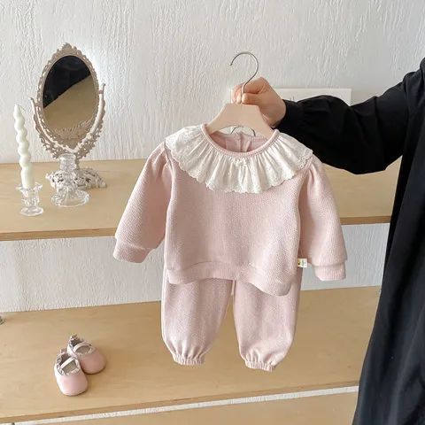Neonato Bambina Cotone Felpa E Pantaloni Della Tutta Set Carino Colletto Bambola Pizzo Manica Lunga Top E Fondo Vestito