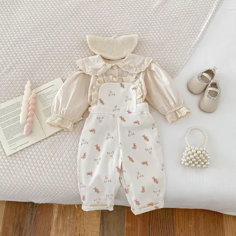 Neonata Cotone Twill Salopette E Camicia A Manica Lunga Set Carino Stampa Orsetto Abito Casual Neonato Primavera Autunno Abbigliamento