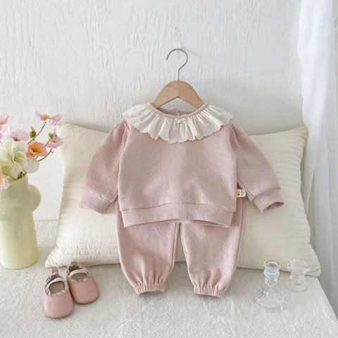 Neonato Bambina Cotone Felpa E Pantaloni Della Tutta Set Carino Colletto Bambola Pizzo Manica Lunga Top E Fondo Vestito