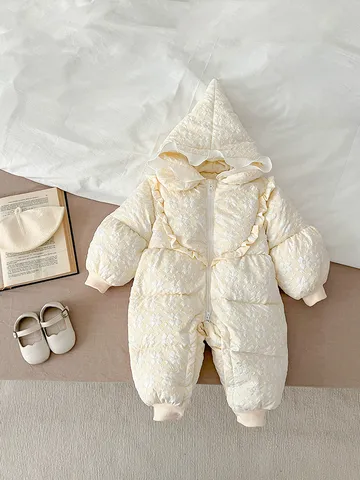 Infant Baby Girl Winter White Duck Down Jumpsuit Hooded Warm Romper Thickened Outdoor Snowsuit Cute Floral Outerwear