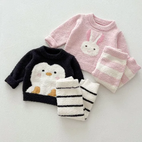 Nourrissons Tout-Petits Mignon Dessin Animé Animal Polaire Pyjama Ensemble Sweat-shirt Manches Longues Et Pantalon Rayé Chaud Automne Hiver Vêtements Maison