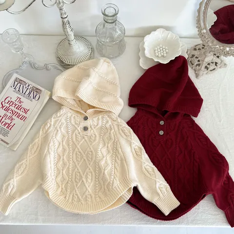 Baby Kids Cute Hooded Cable Knit Cardigan Sweater Infant Toddler Warm Pullover Cape Cloak Solid Color Fall Clothing