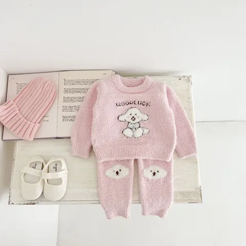 Infant Baby Winter Coral Fleece Pajamas Long Sleeve Top And Bottom Cute Puppy Pattern Toddler Sleepwear Warm Loungewear