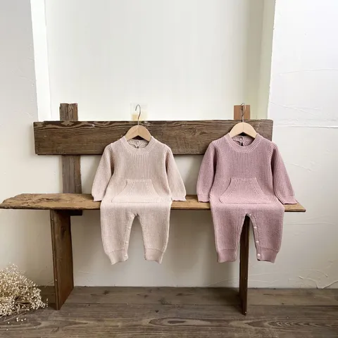 Nourrisson Bébé Tricot Romper Couleur Unie Manches Longues Body Une Pièce Nouveau-né Mignon Automne Printemps Vêtements Coton