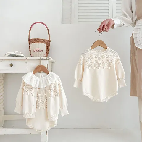 Infant Baby Girls Knit Romper Cardigan Set Fall Winter Hollow Out Handmade Balls Crew Neck Long Sleeve Cotton Outfit Baby Clothes