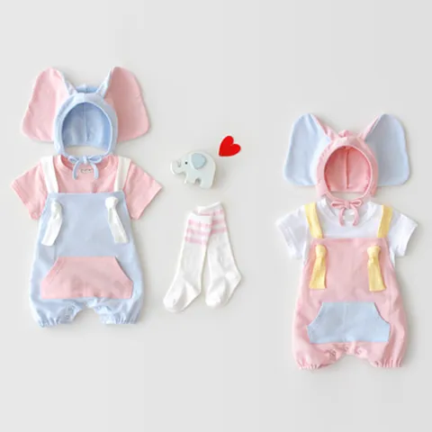 Säugling Baby Strampler Süßes Elefantenohren Hut Ärmellos Baumwolle Jumpsuit Set Sommer Casual Neugeborene Baby Kleidung Set