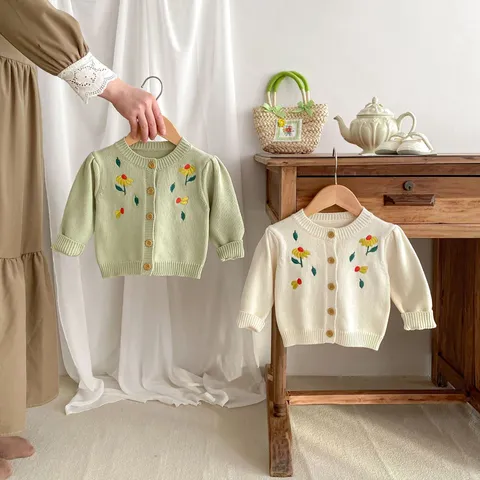 Baby Girls Cotton Knit Cardigan Long Sleeve Crew Neck Embroidered Floral Sweater Infant Toddler Spring Autumn Outerwear