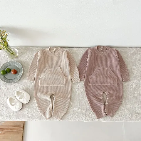 Nourrisson Bébé Tricot Romper Couleur Unie Manches Longues Body Une Pièce Nouveau-né Mignon Automne Printemps Vêtements Coton