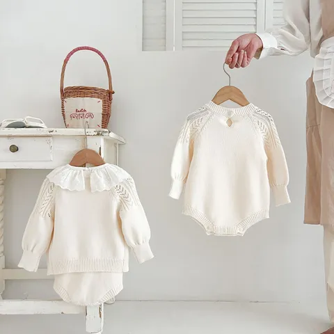Infant Baby Girls Knit Romper Cardigan Set Fall Winter Hollow Out Handmade Balls Crew Neck Long Sleeve Cotton Outfit Baby Clothes