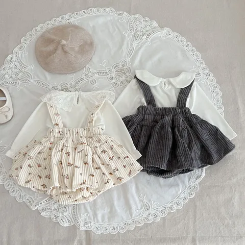 Baby Girls Floral Corduroy Strap Romper Dress Long Sleeve Lace Collar Blouse Outfit Infant Fall Spring Clothes Set